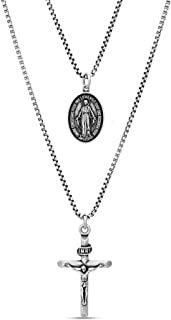 Steve Madden Men's Oxidized Crucifix and French Religious Charm Pendant Double Strand Chain Necklace Set in Stainless Steel, Silver, 28