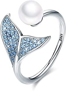 Mermaid Tail Ring, S925 Sterling Silver Dolphin Tail Adjustable Finger Ring for Women Girls Open Ring with Blue Cubic Zirconia& Shell Pearl BJ09067