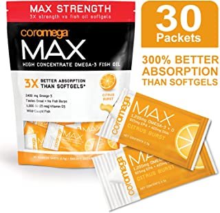 Coromega MAX High Concentrate Omega 3 Fish Oil, 2400mg Omega-3s with 3X Better Absorption Than Softgels, 30 Single Serve Packets, Citrus Burst Flavor; Anti Inflammatory Supplement with Vitamin D