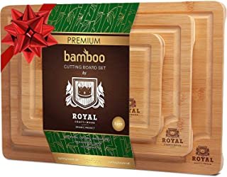 Organic Bamboo Cutting Board with Juice Groove (3-Piece Set) - Best Kitchen Chopping Board for Meat (Butcher Block) Cheese and Vegetables | Anti Microbial Heavy Duty Serving Tray w/Handles