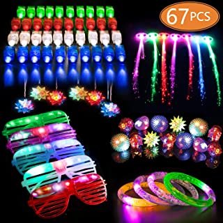 MIBOTE 67Pcs Halloween LED Light Up Toys Party Favors Glow in the Dark Party Supplies for Kid/Adults with 40 Finger Lights, 10 Jelly Rings, 5 Flashing Glasses, 4 Bracelets, 4 Fiber Optic Hair Lights and 4 Crystal Necklaces